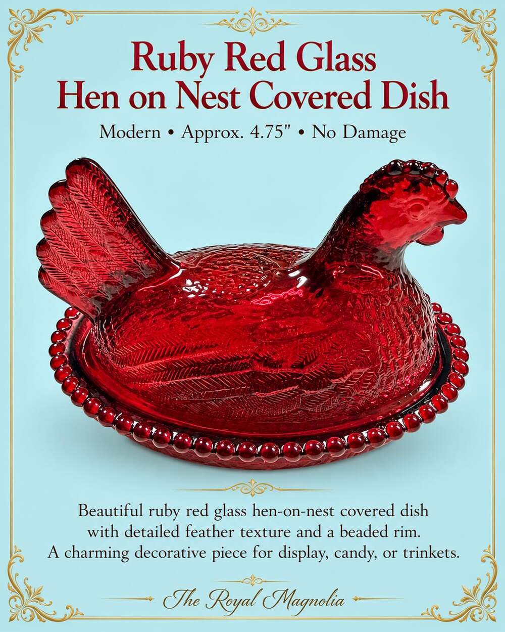 The Royal Magnolia Ruby Red Glass Hen on Nest Covered Dish Size 4.75 Inch